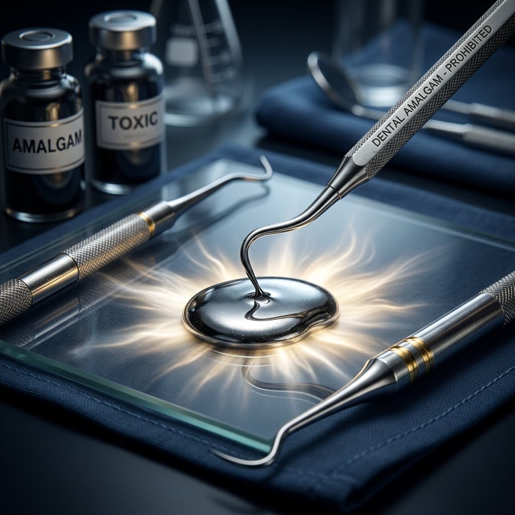 Instruments dentaires et mercure - Symbole de l'interdiction de l'amalgame