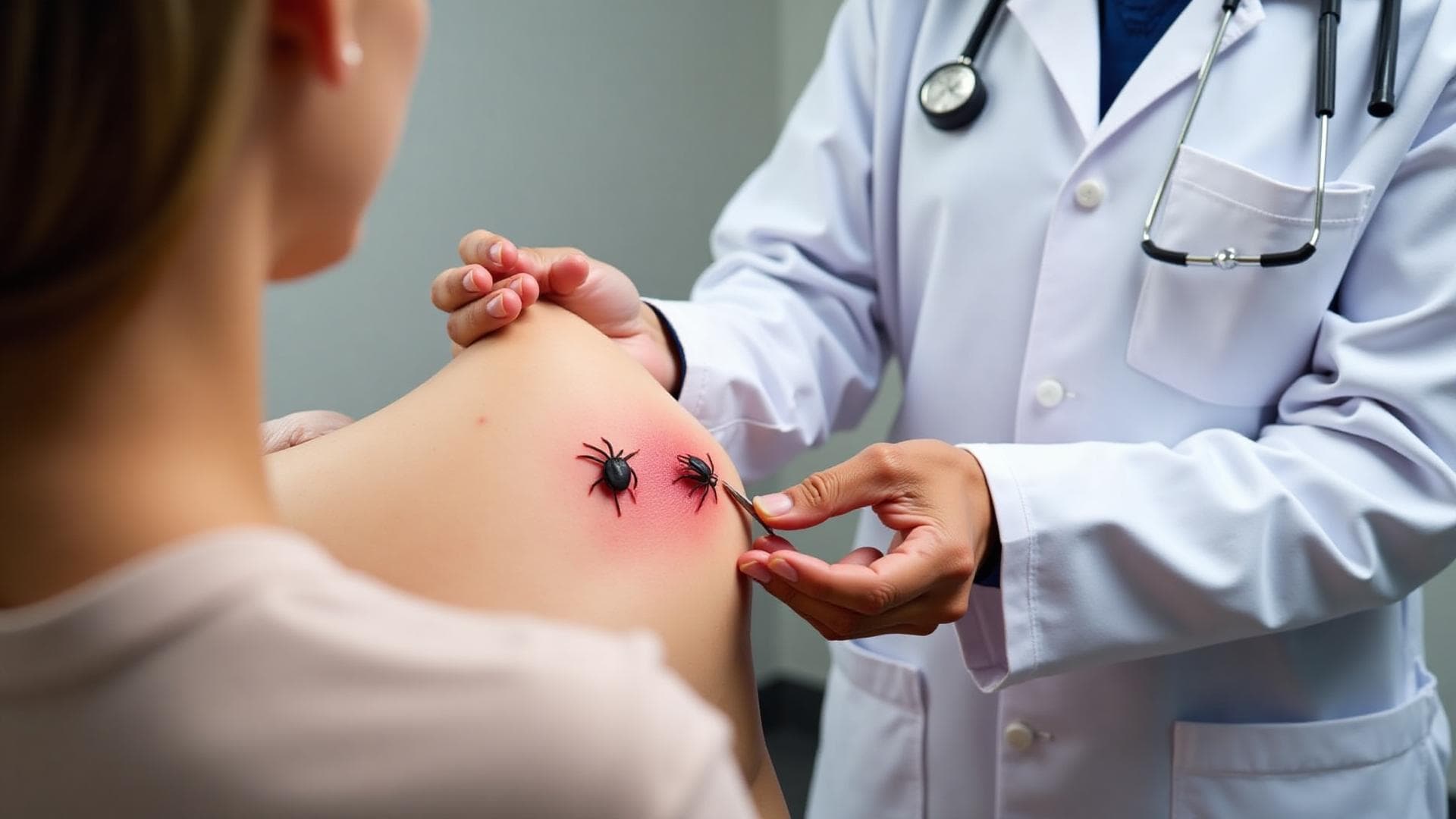 Zecke auf menschlicher Haut - Risiko für Borreliose-Übertragung